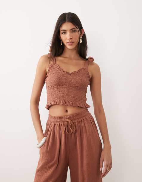 Iisla & Bird tie detail crop top in mocha brown - view 1