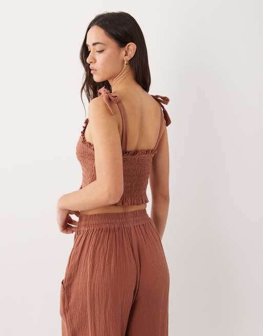 Iisla & Bird tie detailing crop top in mocha brown, 3 of 4