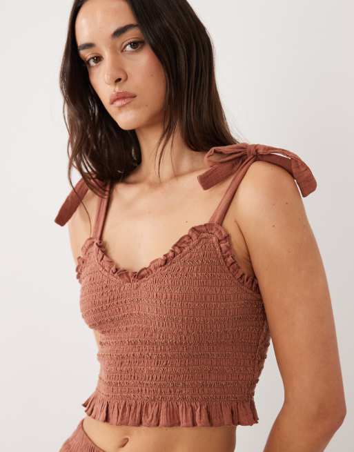 Iisla & Bird tie detailing crop top in mocha brown, 4 of 4
