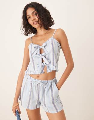 Iisla & Bird Iisla & Bird tie front beach top co-ord in blue stripe-White