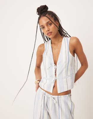 Iisla & Bird tie front beach top co-ord in light blue stripe - view 1