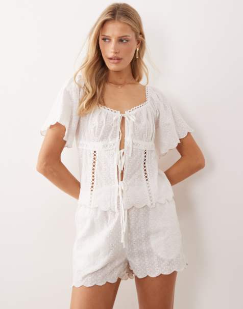 Iisla & Bird tie front beach top with lace detail in white - view 1