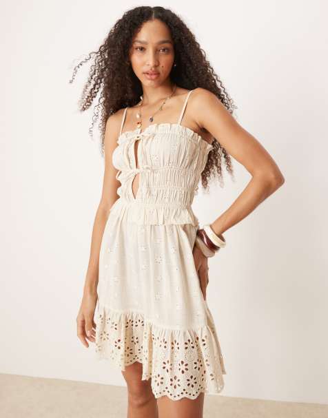 Iisla & Bird tie front broderie mini beach dress in oat - view 1