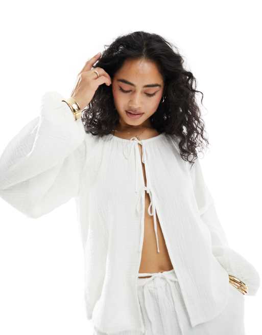 Iisla & Bird tie front raglan sleeve beach top in white (part of a set)