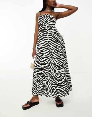 tiered maxi beach dress in black and white zebra print-Multi