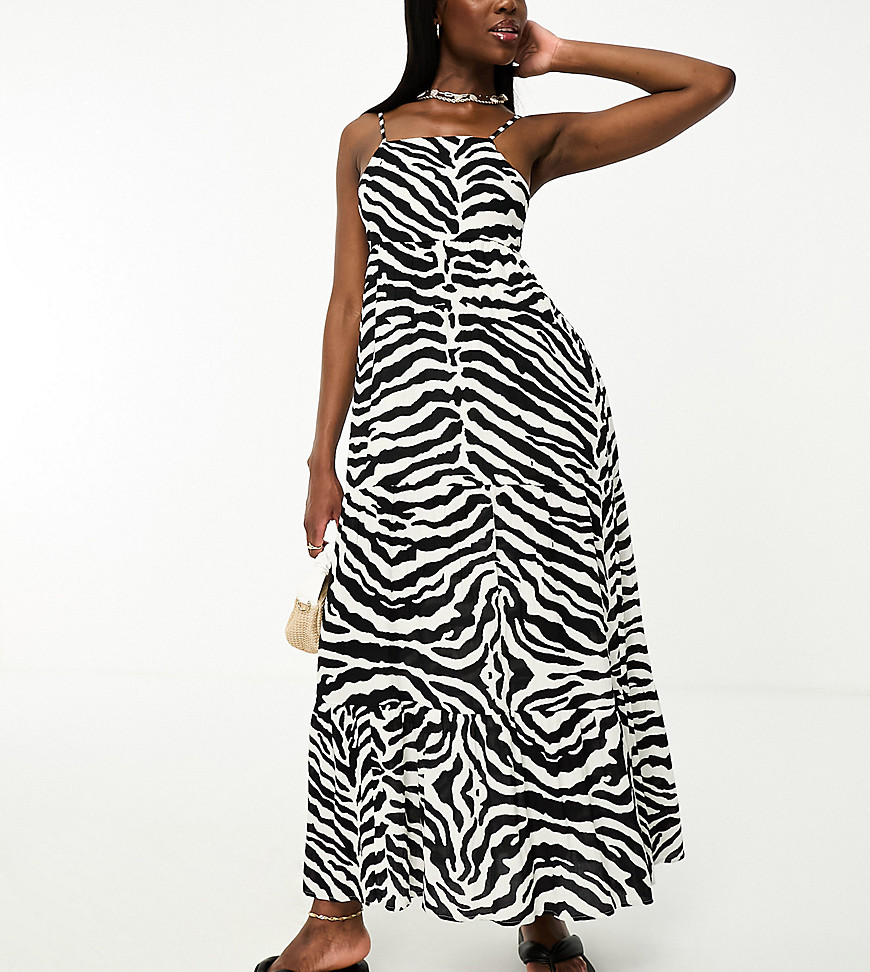 tiered maxi beach dress in black and white zebra print-Multi