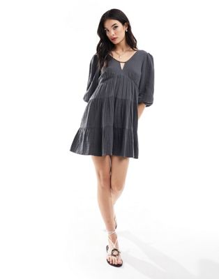 IIsla & Bird tiered mini summer dress in charcoal - ASOS Price Checker