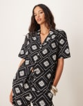 [Iisla & Bird] Iisla & Bird tile print short sleeve beach shirt in black and white (part of a set)-Multi 18 Black and white