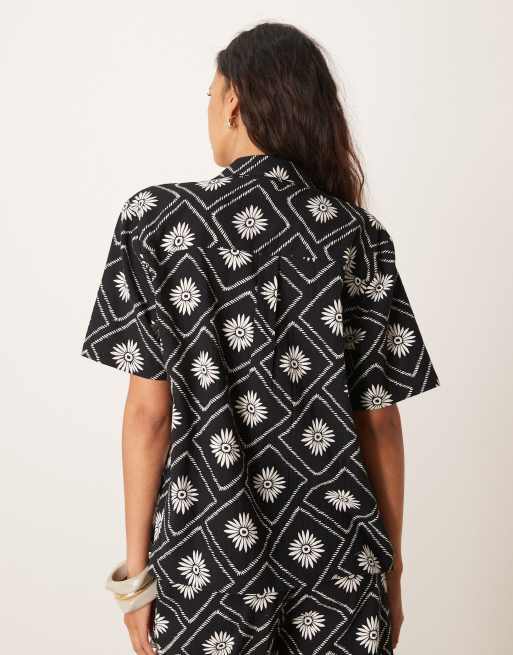 Iisla & Bird tile print short sleeve beach shirt in black and white - part of a set, 2 of 4