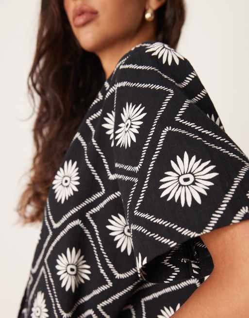 Iisla & Bird tile print short sleeve beach shirt in black and white - part of a set, 3 of 4