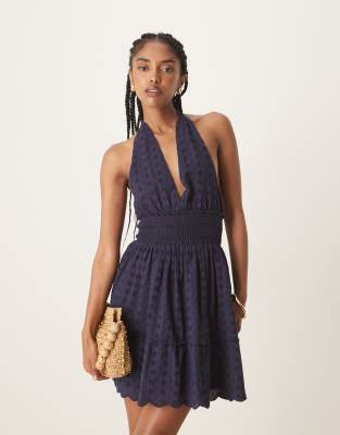 Iisla & Bird - Vestito da mare corto in pizzo blu navy allacciato al collo - view 1