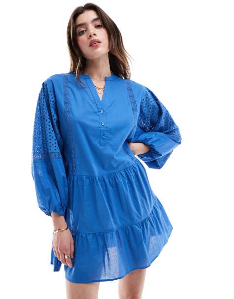 Iisla & Bird volume broiderie mini beach summer dress in blue - view 1