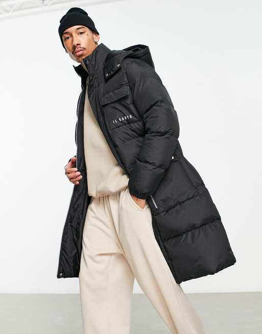 Il Sarto back panel longline puffer coat in black ASOS