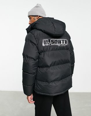 Il Sarto back print panelled puffer jacket in black | ASOS