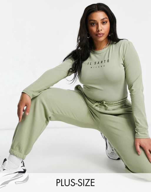 Il Sarto Curve - Body a vita alta in jersey color kaki chiaro in coordinato
