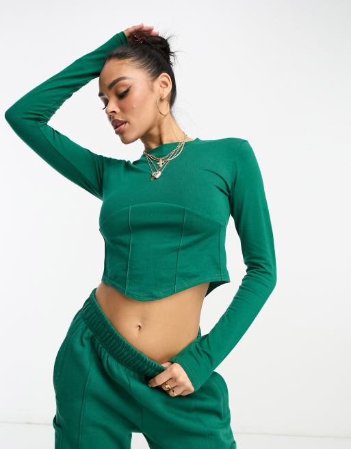 Il Sarto long sleeve crop top with corset detail in green - part of a set