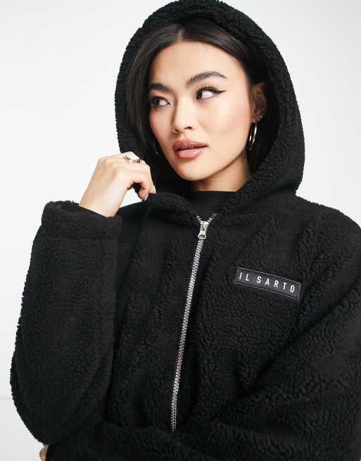 Il Sarto oversized borg jacket with hood in black