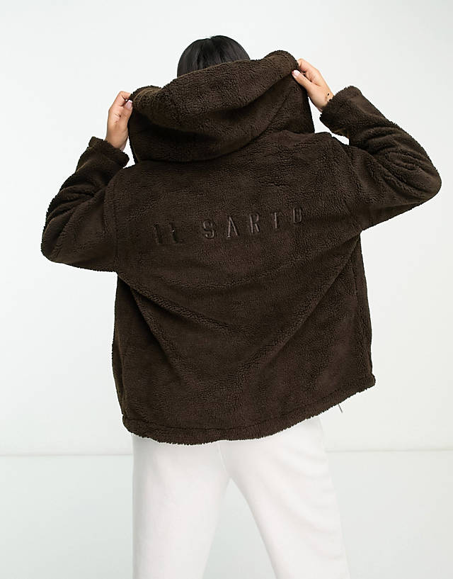 Il Sarto - oversized borg jacket with hood in chocolate brown