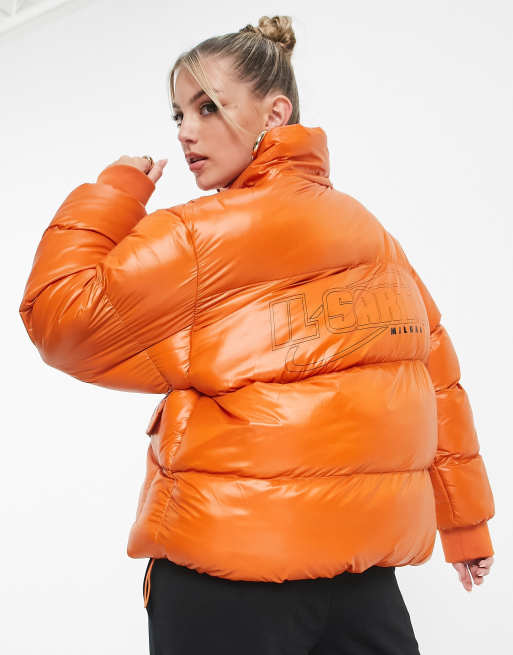 Orange Tie Side Hooded Cropped Puffer Vest