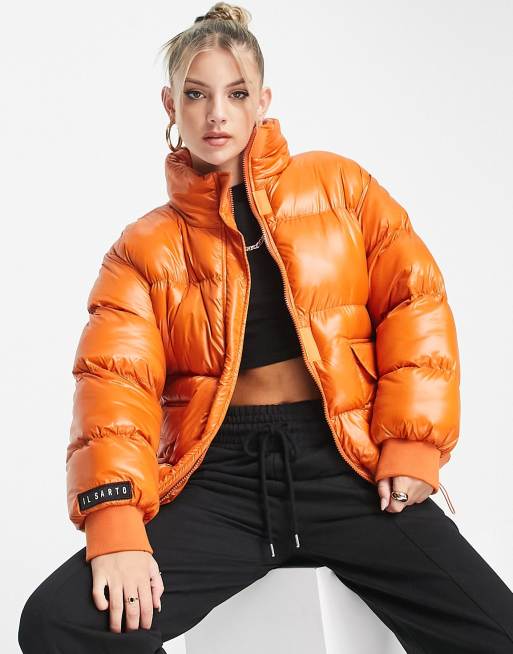 Orange Tie Side Hooded Cropped Puffer Vest