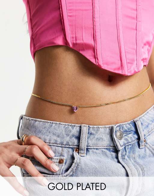 Image Gang – Bauchkette mit 18-Karat-Vergoldung und herzförmigem Schmucksteinanhänger in Lila