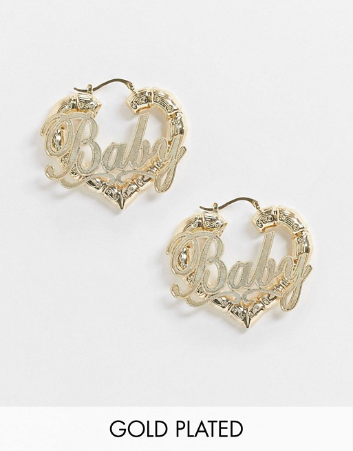 Image Gang chunky bamboo earrings with 'Baby' slogan in gold fill