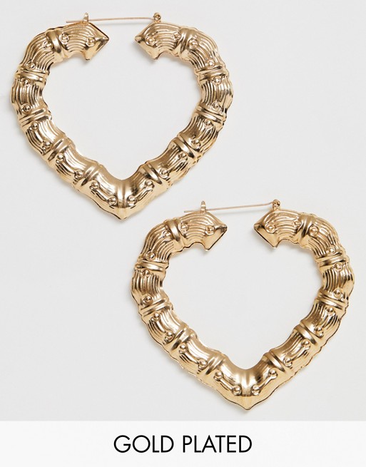 Image Gang chunky bamboo heart hoop earrings in gold plate