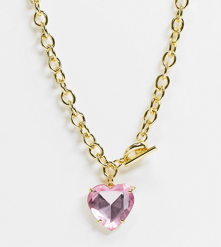 Image Gang - Chunky halskæde guldbelægning, T-stang og hjertevedhæng med pink smykkesten