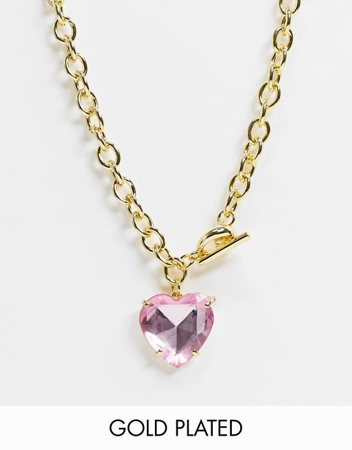 Image Gang chunky t-bar necklace with acrylic pink heart pendant in gold filled