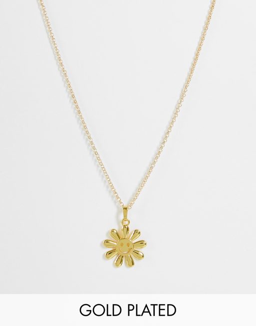 Image Gang - Collier avec pendentif marguerite souriante en plaqué or 18 carats