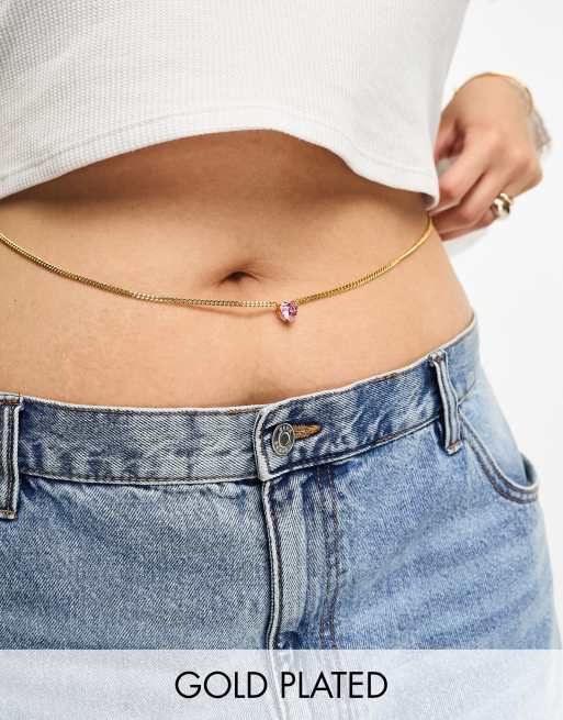 Image Gang Curve - 18k vergulde buikketting met paars kristallen harthangertje
