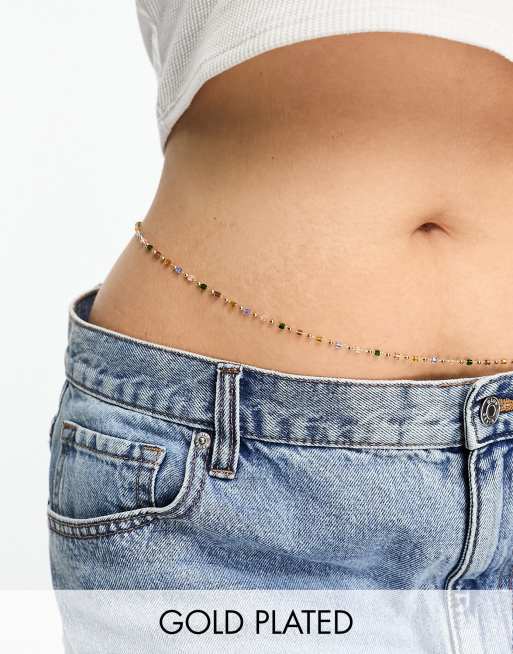 Image Gang Curve Esmerelda 18kt gold plated belly chain with multi-colored gems 