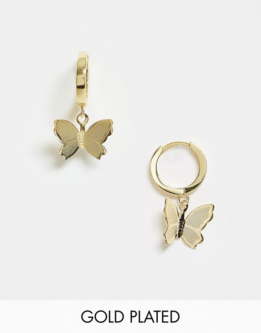 Image Gang huggie hoop earrings with butterfly charm in 18K gold plate
