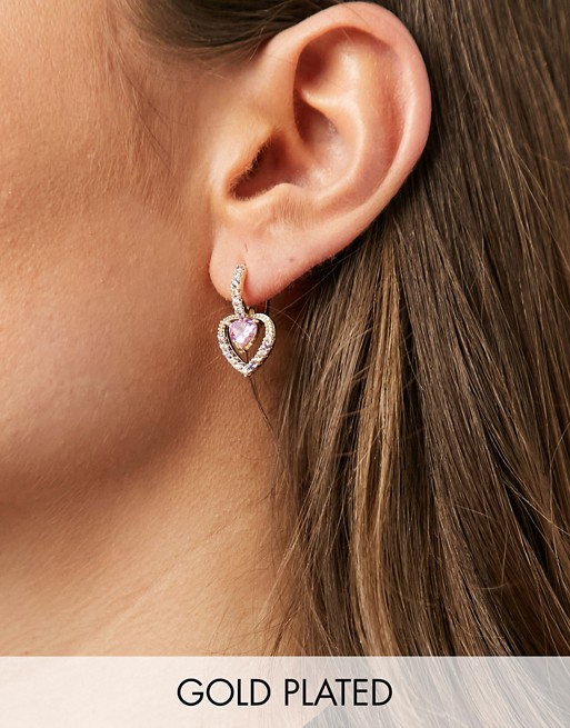 Image Gang huggie hoop interlocking earrings in crystal with pink heart stone in gold filled