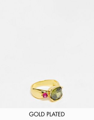 Image Gang olive 18k gold plated ring with tourmaline and ruby coloured stones