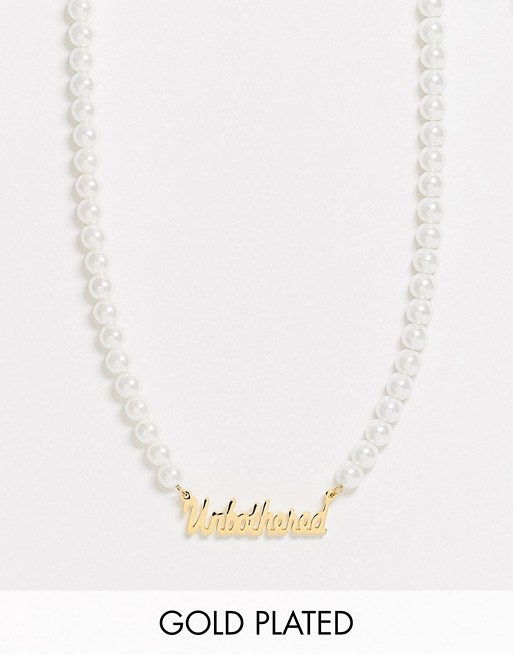 Image Gang slogan necklace 'Unbothered' in pearl and gold mix
