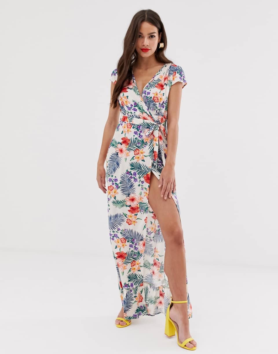 White tropical print wrap dress