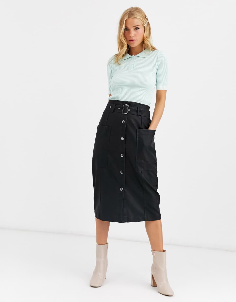 Black leather look midi skirt