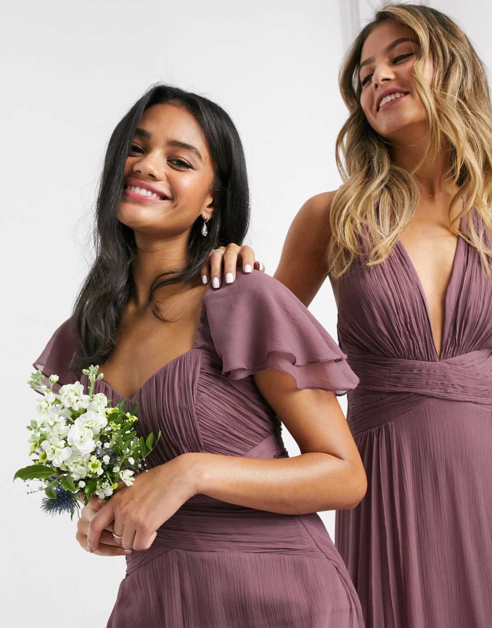Mauve bridesmaid ruched maxi dress