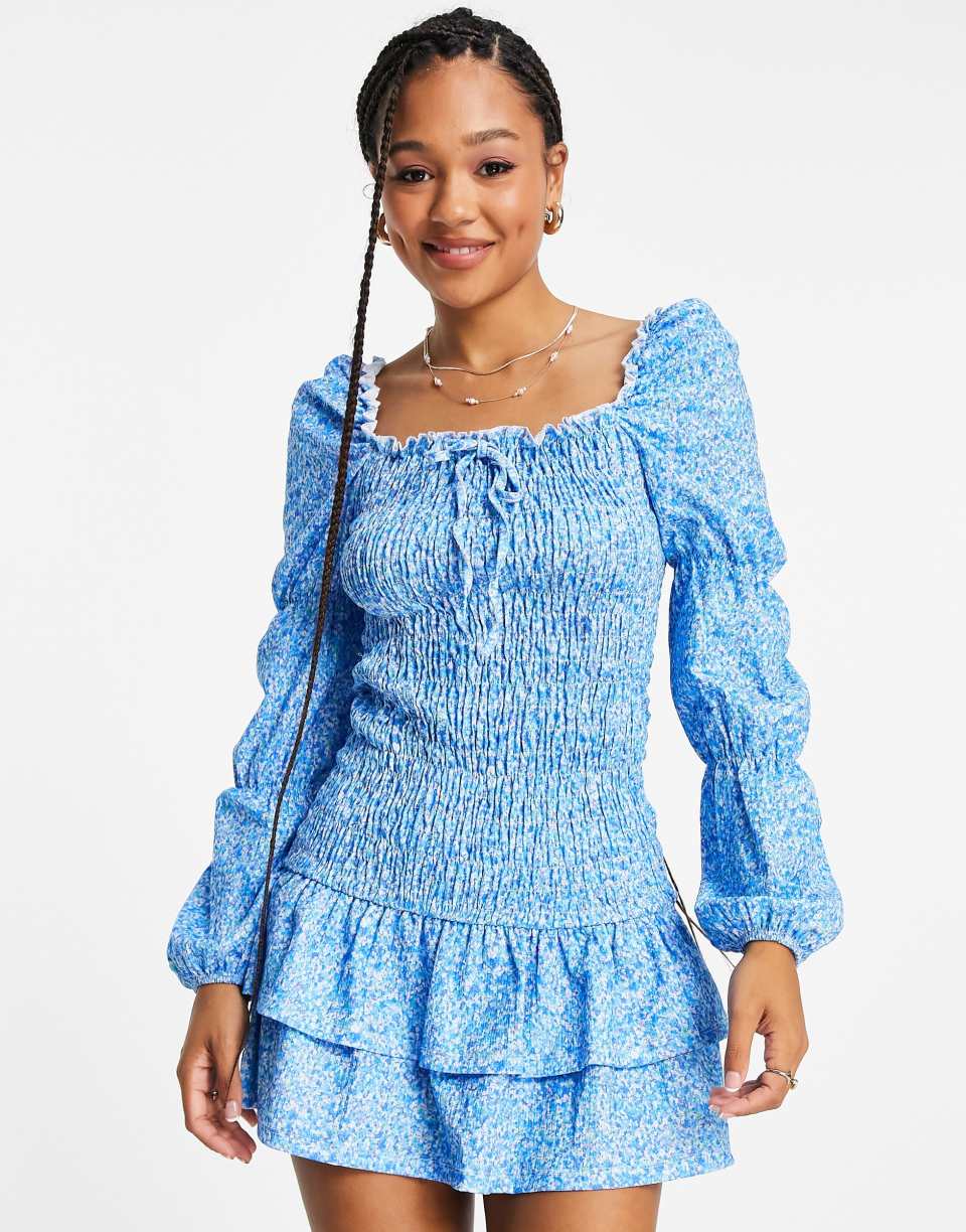 Blue ruched mini dress