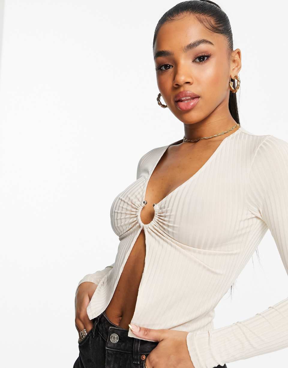 Beige Ribbed Long Sleeve Top
