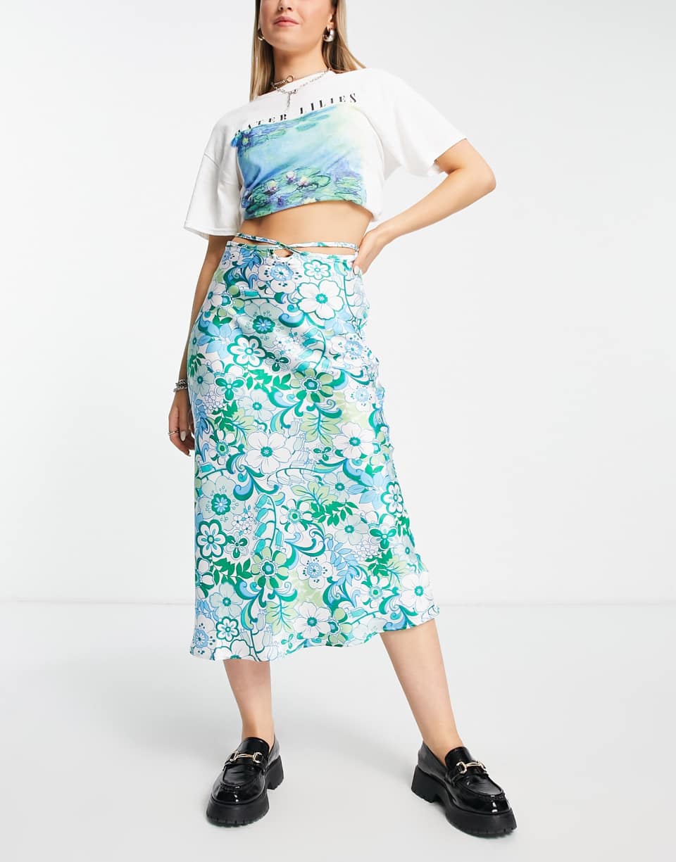 70s Floral Satin Midi Skirt