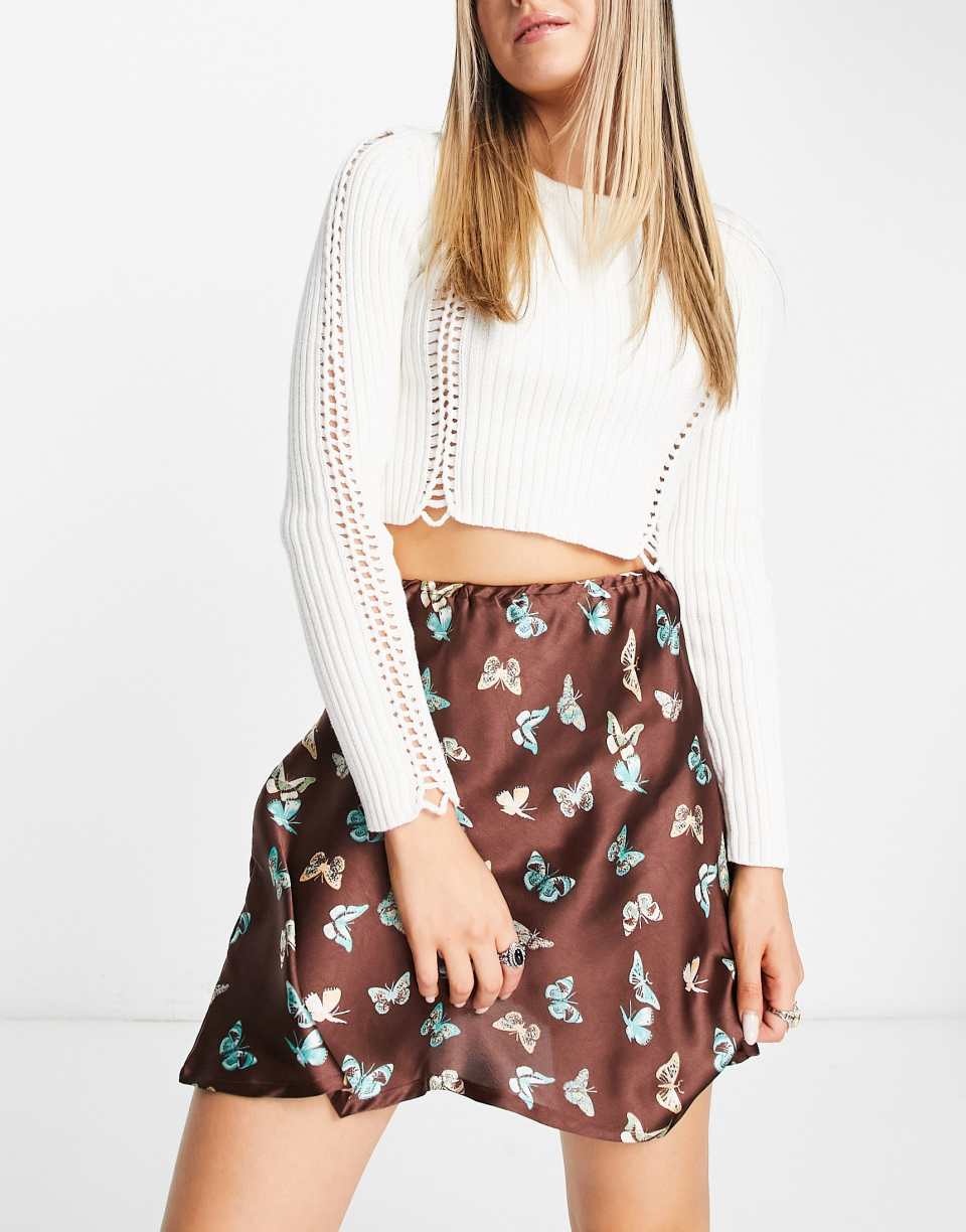 Butterfly Print Satin Mini Skirt