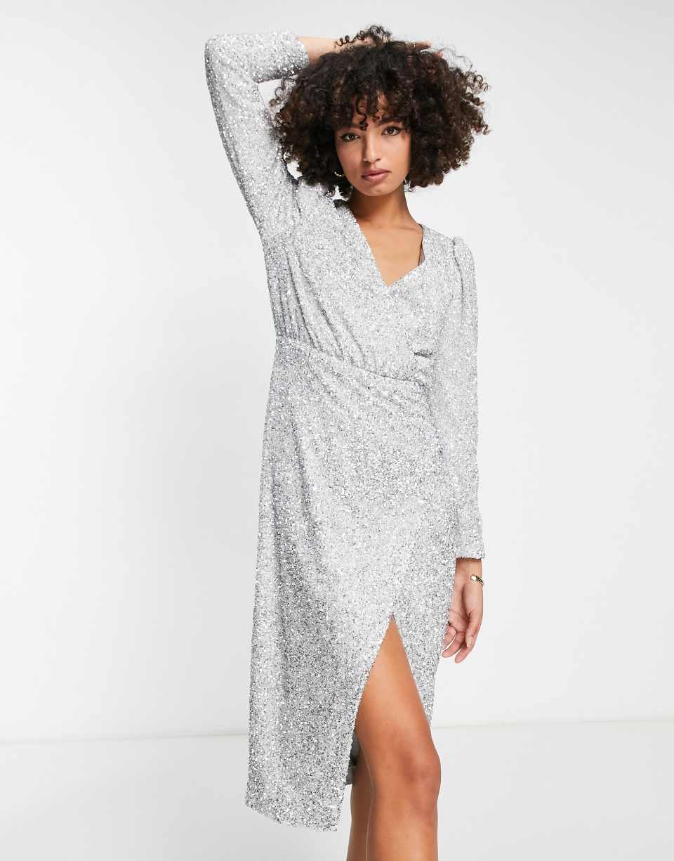 Silver sequin wrap midi dress