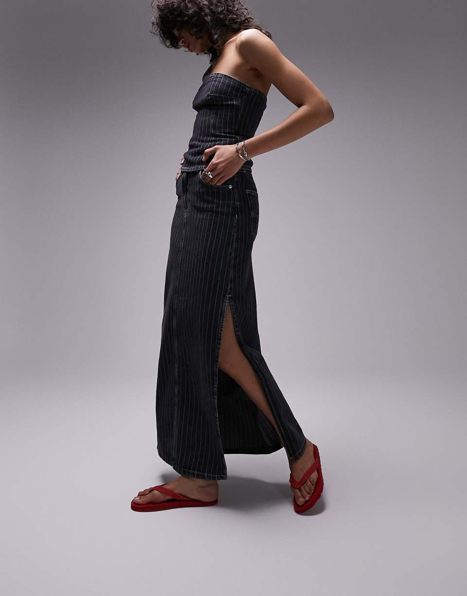 Washed black striped denim skirt