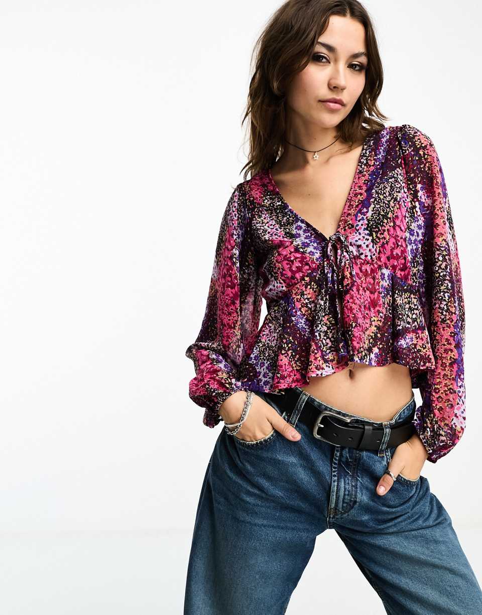 Patchwork tie-front blouse