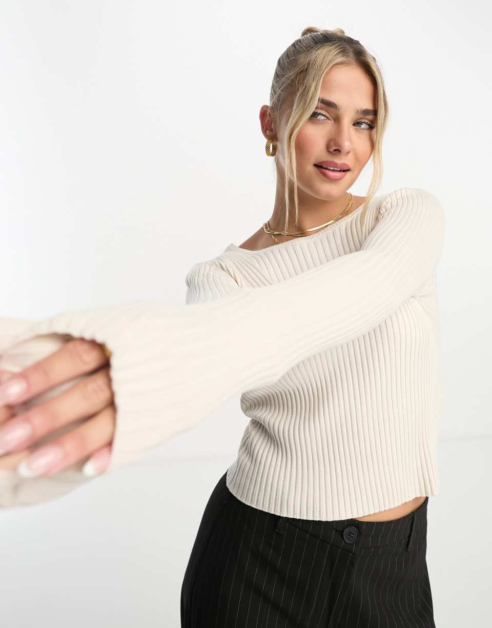 Beige round neck knit top