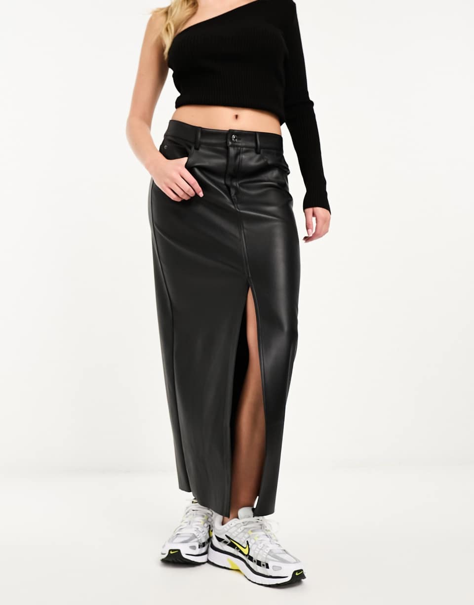 Coated denim midi skirt