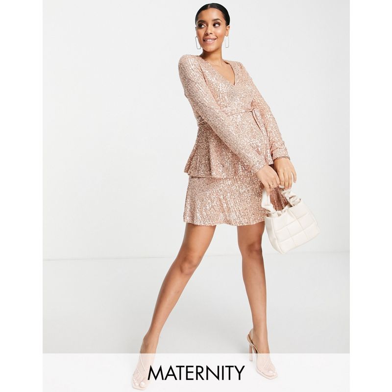 Vestiti da sera Donna In esclusiva In The Style Maternity - Vestito corto a balze con scollo profondo e paillettes decorative color oro rosa