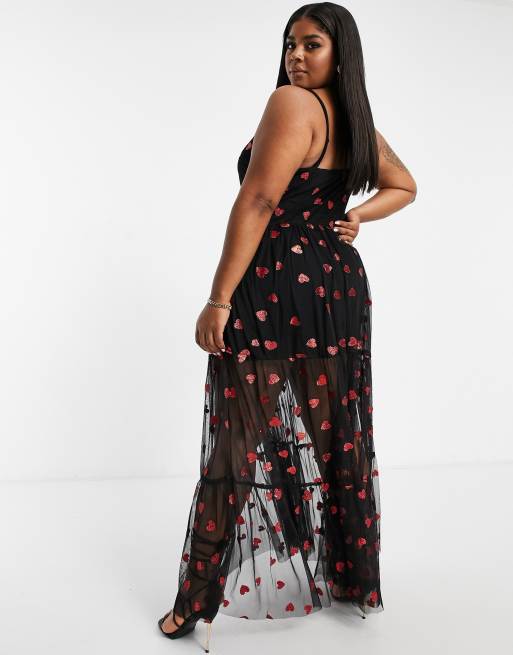 In esclusiva Lace Beads Plus Vestito con strato sovrapposto in tulle trasparente con stampa di cuori metallizzata ASOS